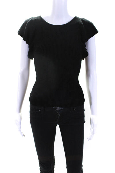 FP One by Free People Womens Short Sleeve Ribbed Velour Crew Neck Top Black XS