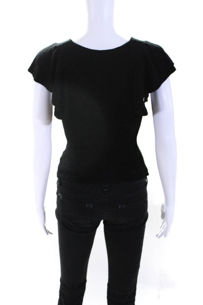 FP One by Free People Womens Short Sleeve Ribbed Velour Crew Neck Top Black XS