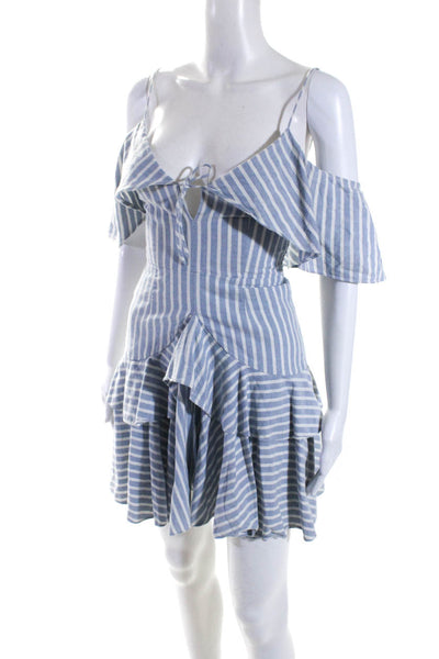 N/Nicholas Womesn Cotton Striped Off Shoulder Ruffle Dress Blue Size 2