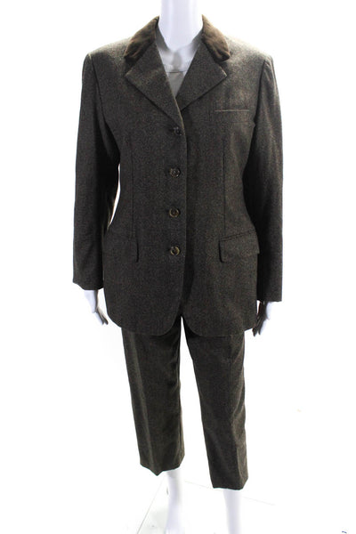 Burberrys Womens Brown Wool Four Button Long Sleeve Blazer Pants Suit Set Size48