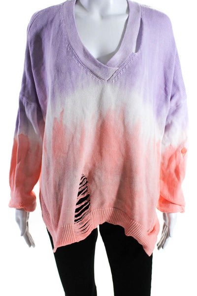 Fate. Womens Cotton Tie Dye Print V-Neck Pullover Sweater Top Purple Size L