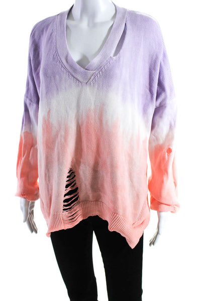 Fate. Womens Cotton Tie Dye Print V-Neck Pullover Sweater Top Purple Size L