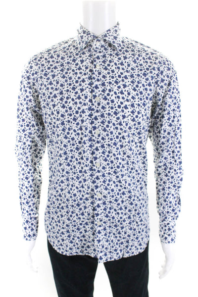 Caliban Mens Floral Print Collared Long Sleeve Button Up Shirt White Size 38/15