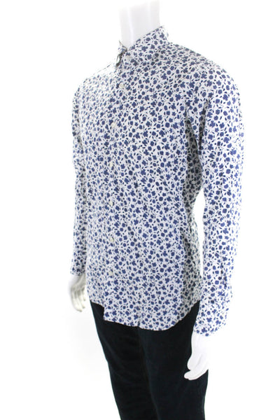 Caliban Mens Floral Print Collared Long Sleeve Button Up Shirt White Size 38/15