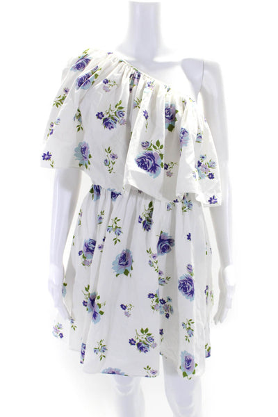 Les Reveries Womens One Shoulder Tiered Floral Dress White Purple Cotton Size 0