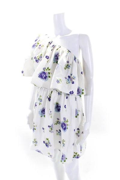 Les Reveries Womens One Shoulder Tiered Floral Dress White Purple Cotton Size 0