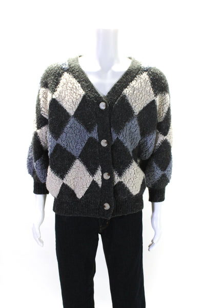 Designer Mens Chunky Knit Argyle V Neck Cardigan Sweater Gray Blue Size Large