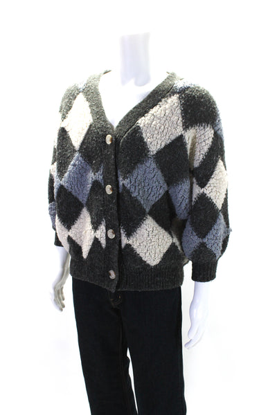 Designer Mens Chunky Knit Argyle V Neck Cardigan Sweater Gray Blue Size Large