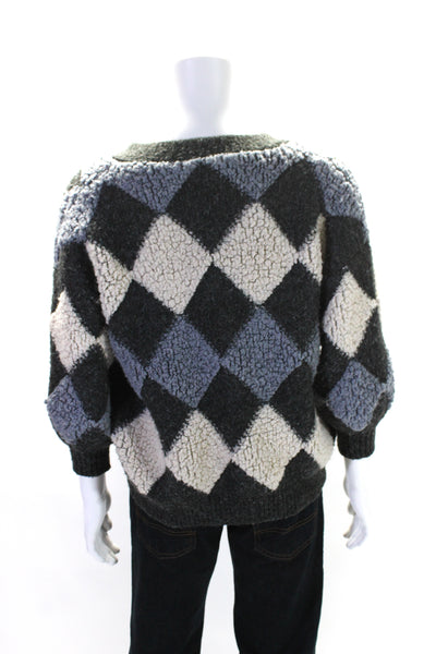 Designer Mens Chunky Knit Argyle V Neck Cardigan Sweater Gray Blue Size Large