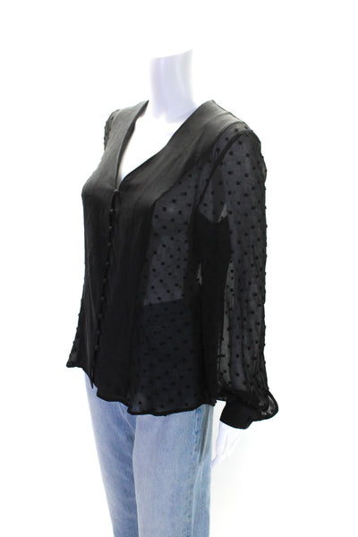 L'Agence Womens Silk Swiss Dot Print Long Sleeve V-Neck Button Down Top Black Si