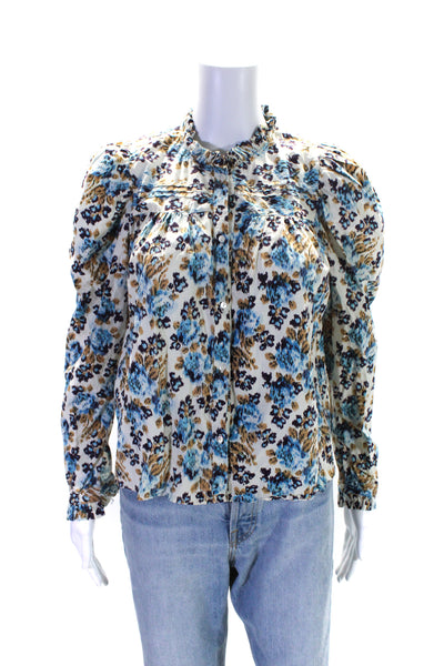 Love The Label Womens Button Front Crew Neck Floral Shirt White Blue Size Small