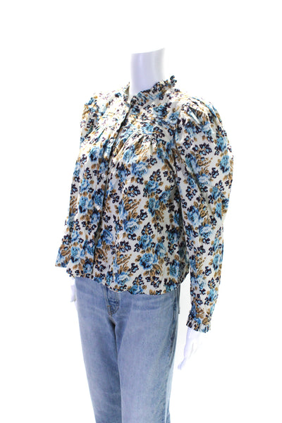 Love The Label Womens Button Front Crew Neck Floral Shirt White Blue Size Small