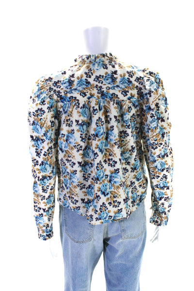 Love The Label Womens Button Front Crew Neck Floral Shirt White Blue Size Small