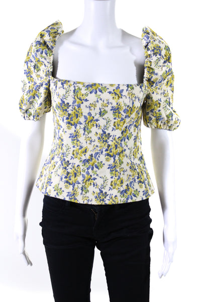 Lovers + Friends Womens Puff Sleeve Floral Jacquard Crop Top Blue Yellow Medium