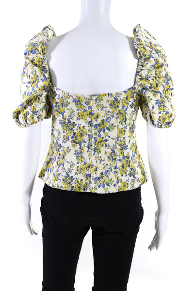 Lovers + Friends Womens Puff Sleeve Floral Jacquard Crop Top Blue Yellow Medium