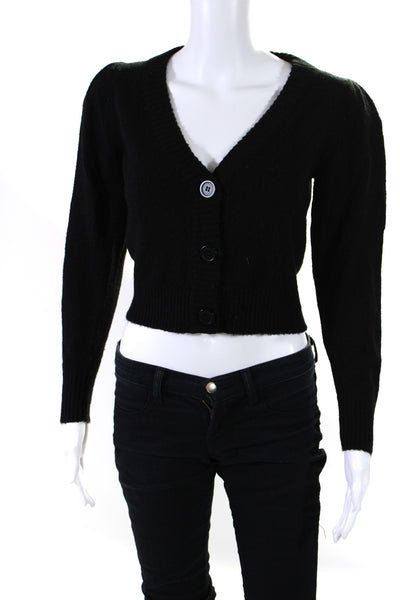 Central Park West Womens V Neck Puff Sleeve Button Up Cardigan Sweater Black XS