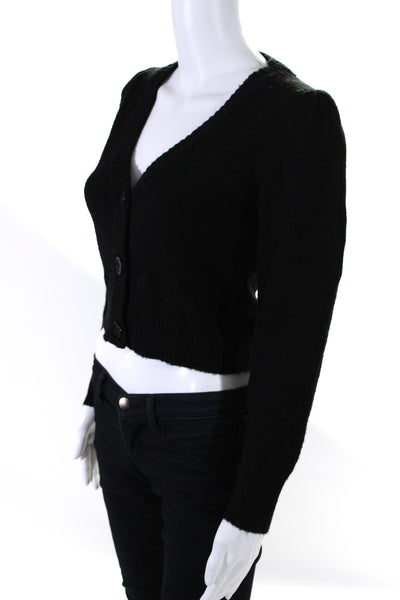 Central Park West Womens V Neck Puff Sleeve Button Up Cardigan Sweater Black XS