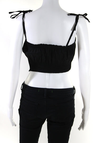 Danielle Bernstein Womens Smocked Poplin Spaghetti Strap Crop Top Black XS