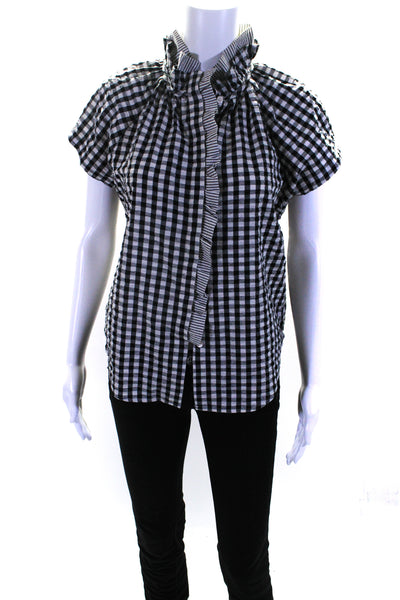 Sundays Womens Button Front Short Sleeve Gingham Striped Top Black White Size XS