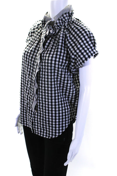 Sundays Womens Button Front Short Sleeve Gingham Striped Top Black White Size XS