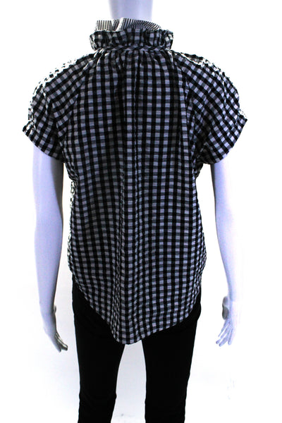 Sundays Womens Button Front Short Sleeve Gingham Striped Top Black White Size XS