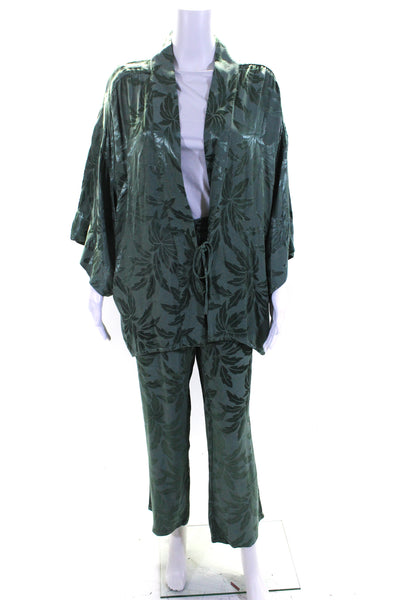 Love Stories Womens Satin Jacquard Pants Kimono Top Set Green Size Large