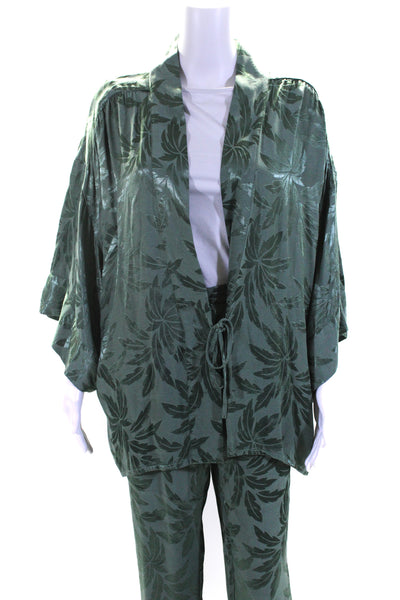 Love Stories Womens Satin Jacquard Pants Kimono Top Set Green Size Large