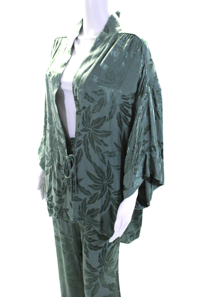 Love Stories Womens Satin Jacquard Pants Kimono Top Set Green Size Large