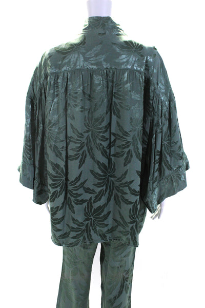 Love Stories Womens Satin Jacquard Pants Kimono Top Set Green Size Large