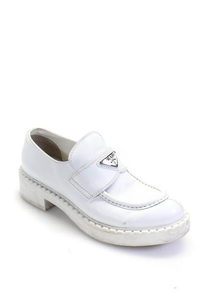 Prada Womens Leather Silver Tone Triangle Loafer  Slide On Pumps White Size 38 8