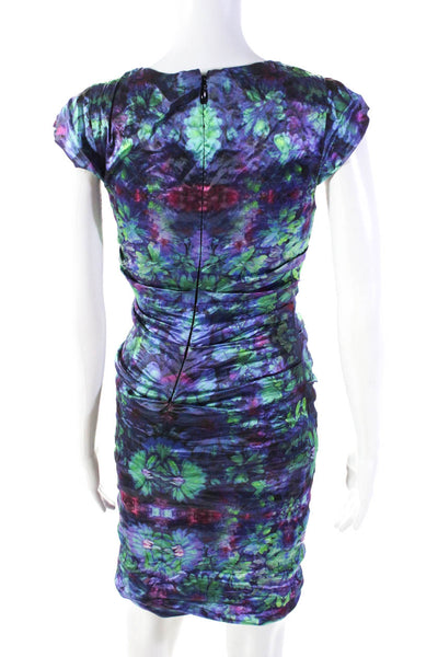 Nicole Miller Womens Floral Print Zipped Ruched Short Sleeve Dress Blue Size 4