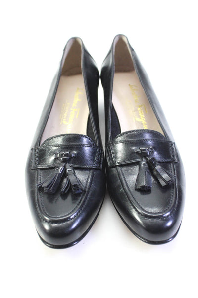 Salvatore Ferragamo Womens Block Heel Tassel Pumps Black Leather Size 7.5AA