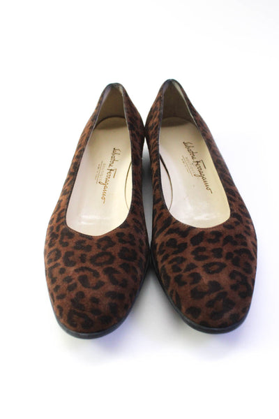 Salvatore Ferragamo Womens Slip On Leopard Print Ballet Flats Brown Suede 7.5AA