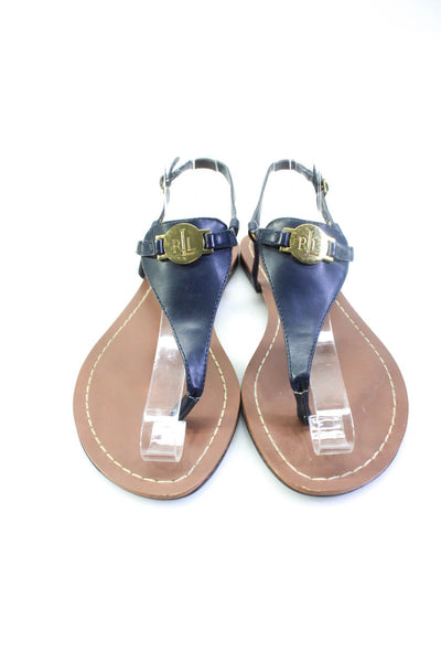 Lauren Ralph Lauren Womens Logo Ankle T Strap Sandals Navy Leather Size 6.5