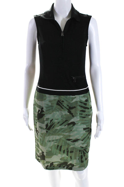 Bogner Womens Camo Sleeveless Front Zip Mini Tennis Dress Black Green Size 4