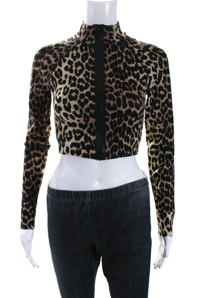 Ganni Womens Front Zip high Neck Leopard Print Crop Top Jacket Brown Size FR 34