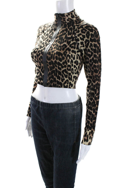 Ganni Womens Front Zip high Neck Leopard Print Crop Top Jacket Brown Size FR 34