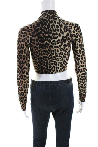 Ganni Womens Front Zip high Neck Leopard Print Crop Top Jacket Brown Size FR 34