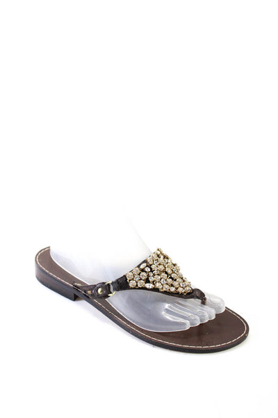 Beverly Feldman Womens Leather Thong Jeweled Slide On Sandals Beige Size 9 Mediu