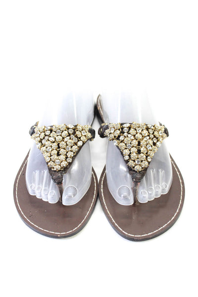 Beverly Feldman Womens Leather Thong Jeweled Slide On Sandals Beige Size 9 Mediu