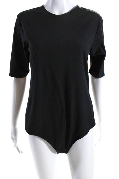 Spanx Womens Stretch Ribbed Round Neck Short Sleeve Bodysuit Top Black Size 1X