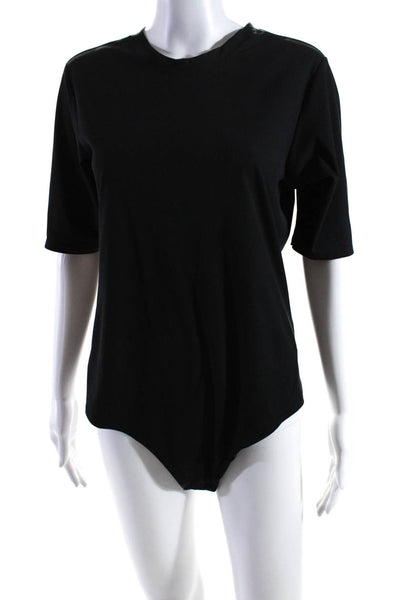 Spanx Womens Stretch Ribbed Round Neck Short Sleeve Bodysuit Top Black Size 1X