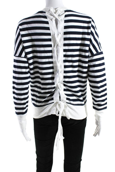 Stateside Womens Cotton Striped Print Back Lace-Up Long Sleeve Top White Size XS