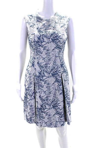 Reiss Womens Sleeveless Jacquard Pleated Flare Dress White Blue Size 8