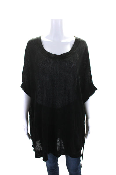 Pure DKNY Womens Black Linen Scoop Neck Short Sleeve Tie Waist Blouse Top Size S