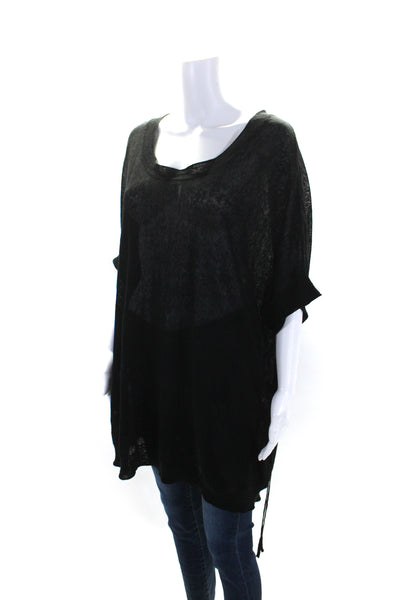 Pure DKNY Womens Black Linen Scoop Neck Short Sleeve Tie Waist Blouse Top Size S