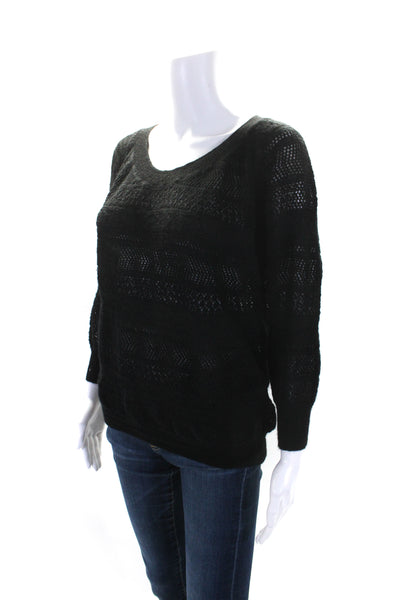 Catherine Malandrino Womens Crew Neck Pointelle 3/4 Sleeve Sweater Black Small