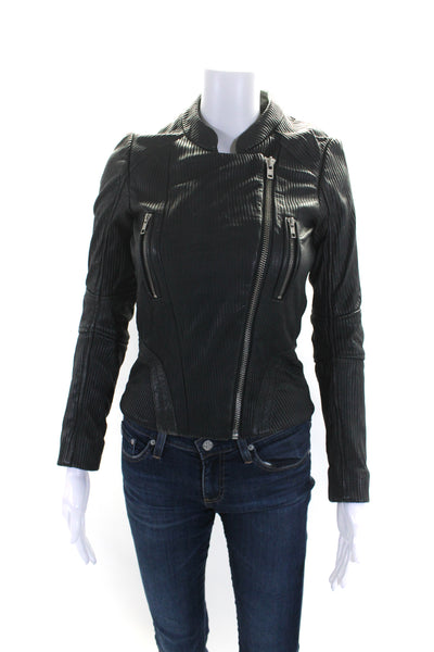 Maje Womens Ribbed Leather Asymmetrical Moto Jacket Dark Gray Size FR 36