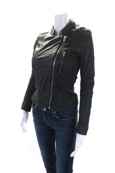 Maje Womens Ribbed Leather Asymmetrical Moto Jacket Dark Gray Size FR 36