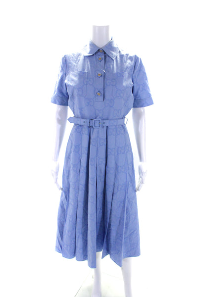 Gucci Womens Short Sleeves Button Down Pleated A Line Dress Blue Size Small